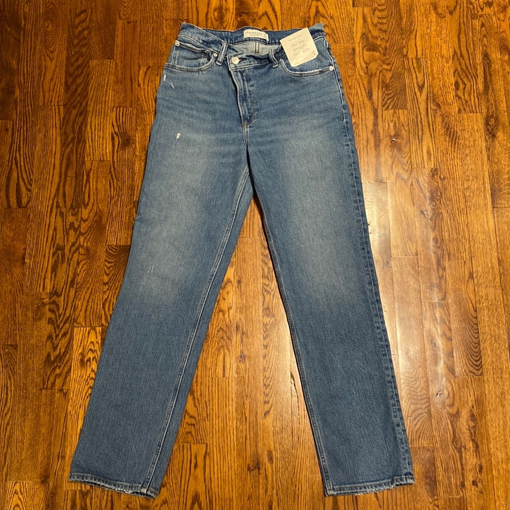 Abercrombie Criss Cross Button Straight Ultra High Rise leg denim jean